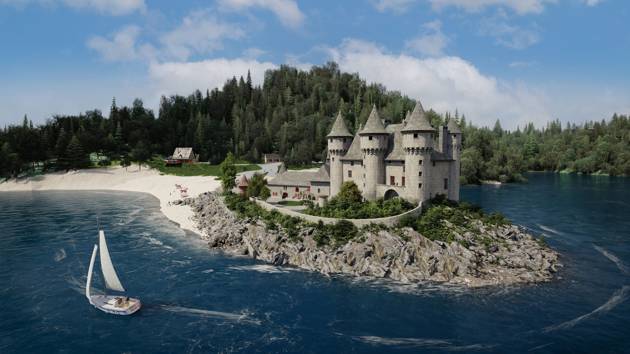 Château sur une île, vue aérienne